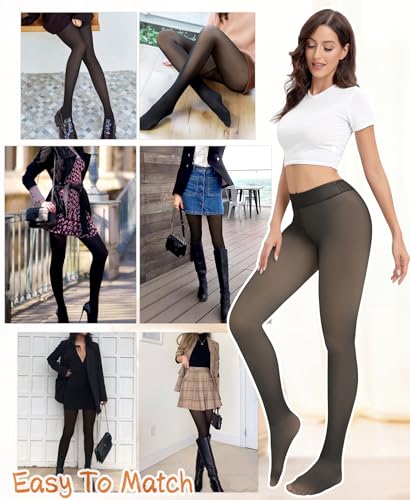 Image of DOCUMO Fleece Lined Tights for Women Thermal Pantyhose Winter Warm Fake Translucent Tights High Waisted Thick Leggings