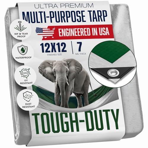 12x12 Heavy Duty Waterproof Tarp 7 Mil Thick High Durability Tear & Fade Resistant UV Treated Grommets Every 18 Inches (12x12)