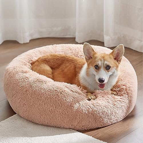 Image of Bedsure Calming Dog Bed for Medium Dogs - Donut Washable Medium Pet Bed, 30 inches Anti-Slip Round Fluffy Plush Faux Fur Cat Bed, Fits up to 45 lbs Pets, Pink