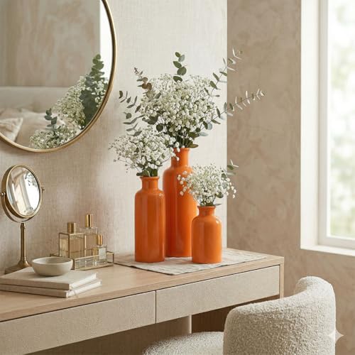 Image of Ceramic Vase Set - 3 Orange Small Vases, Farmhouse Country Flower Vase Home Decor, Living Room Decoration, Table Decoration, Fireplace Decor, and Entrance Decorations Centerpieces