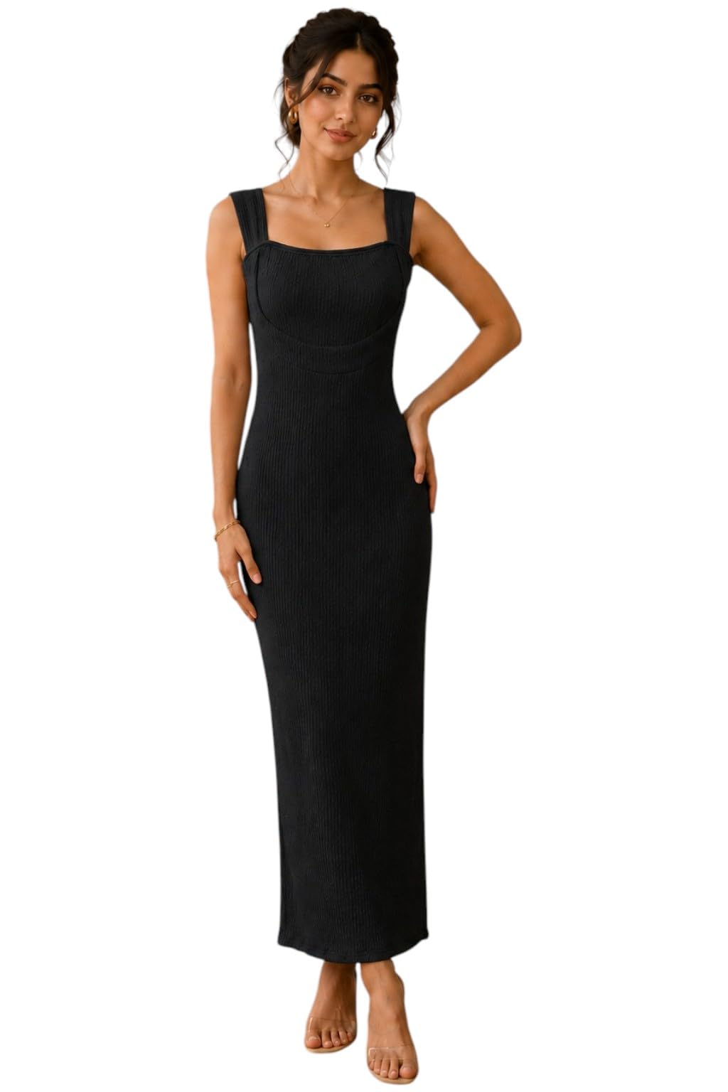 Women’s Sleeveless Bodycon Midi Dress Square Neck Casual Dress-image-17