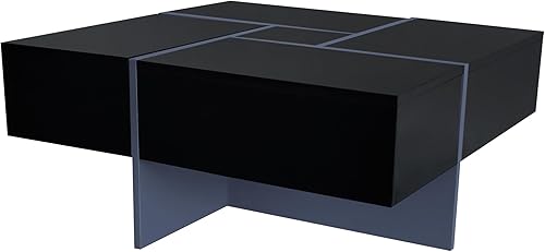 Miniatura 4 de LUMISOL Mesa de centro cuadrada con mesa deslizante extensible, mesa de cóctel con 4 compartimentos de almacenamiento ocultos, mesa central de alto