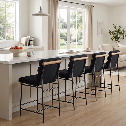 Butacos de barra, juego de 2 unidades, altura 25 pulgadas, tapizados en lino con asiento y respaldo acanalado, estilo moderno con patas metálicas, color negro miniatura 6