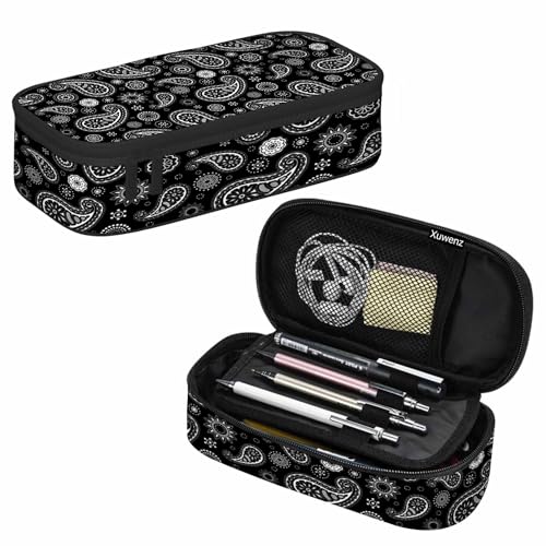 Image of Black Paisley Pencil Case Traditional Ethnic Flower Dots Pattern Pencil Bag Pen Markers Pouch Holder Organizer for Boy Girl School Students