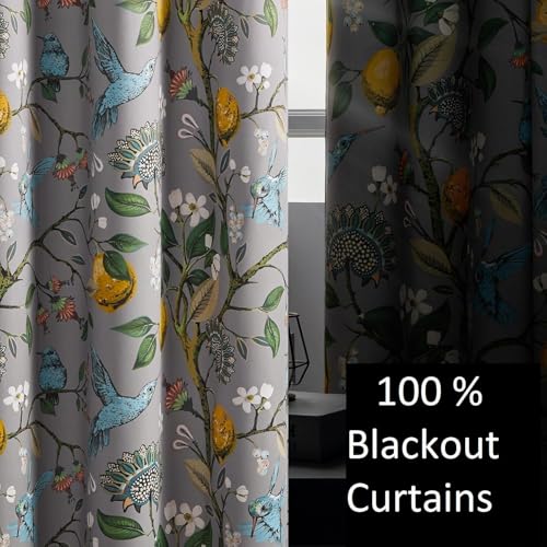 Image of BFAM Floral Print 100% Blackout Curtain with Black Linning at Back,Grey Bird Print Curtains for Living Room /Bedroom Thermal Insulated Energey Saving 7 Feet Pack of 1 Curtain