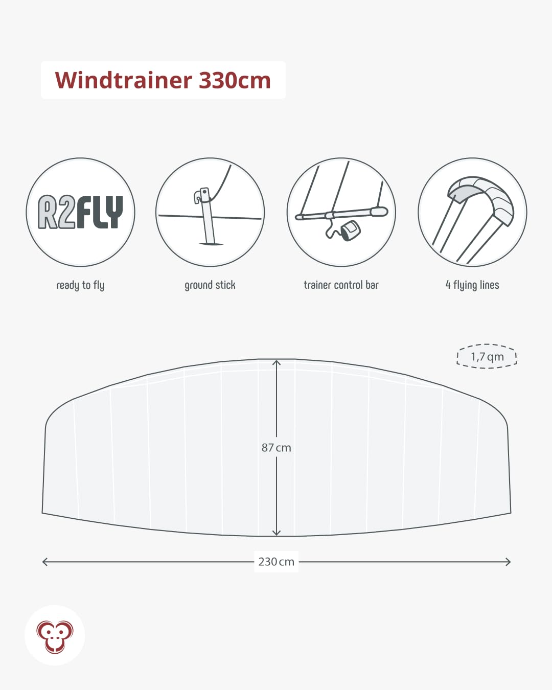 Skymonkey Windtrainer, Trainer-Kite / 4-Leiner Lenkmatte inkl. Trainerbar, Ready 2 Fly, mit 230 cm oder 330 cm Spannweite