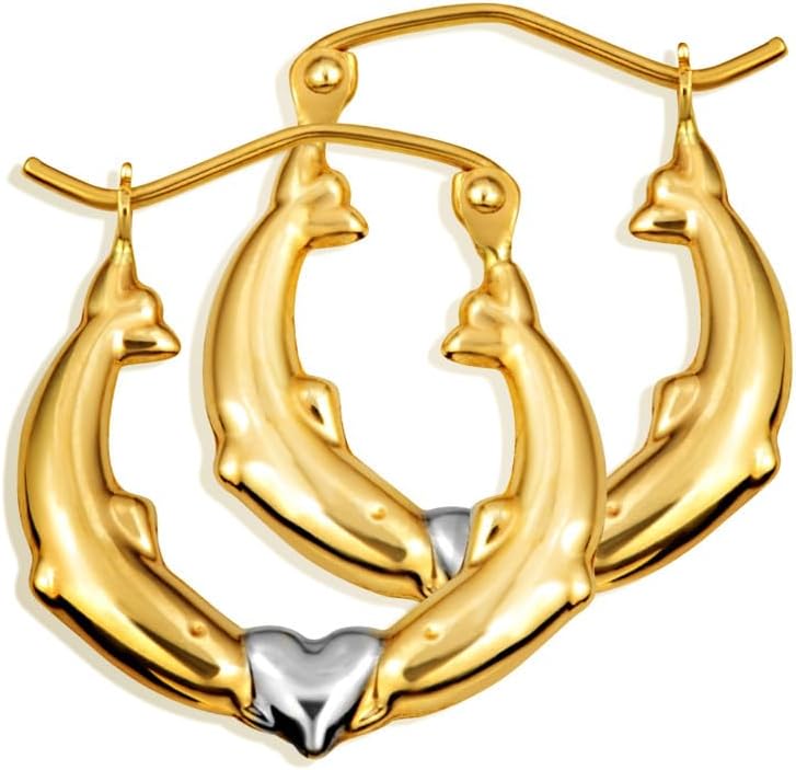 Gold Double Dolphin Heart Love Hoop Earrings for Women | 10K or 14K Two-Tone White and Yellow Gold