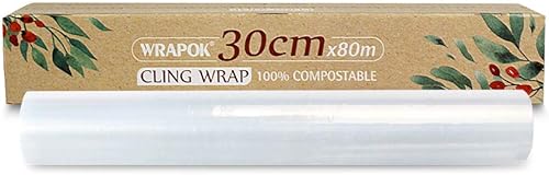 WRAPOK Rollo de película alimentaria de ácido poliláctico biodegradable para cocina, 100% compostable, con cortador deslizante - 258 pies cuadrados