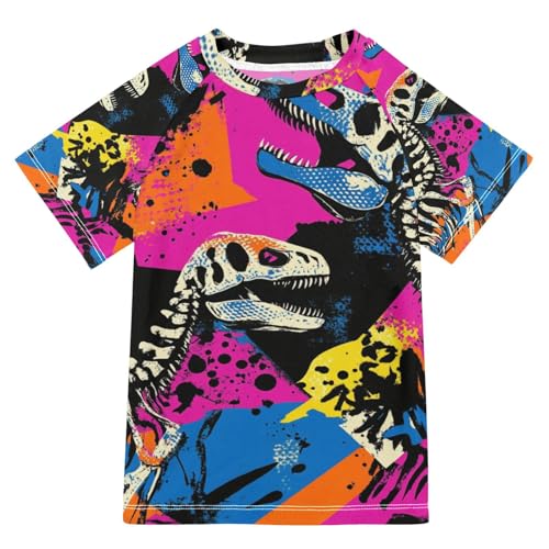 Jucciaco Boys Swing Shirts Fossil Skull Dinosaur Graffiti Rashguard Short Sleeve Kids T-Shirts Sun UPF 50+