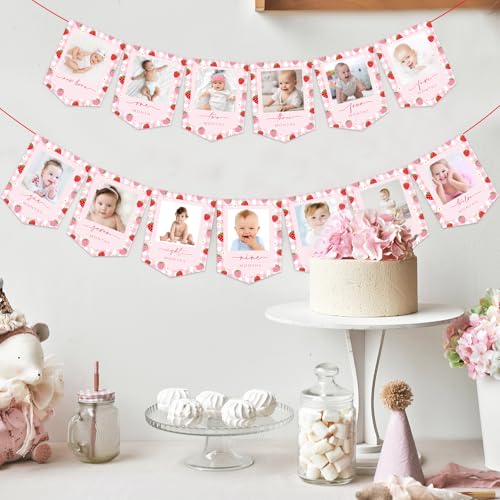 Image of JarThenaAMCS 2Pcs Strawberry Photo Banners Pink Red Plaid Daisy Strawberry Banner Newborn to 12 Months Picture Display Garland for 1st Birthday Decoration