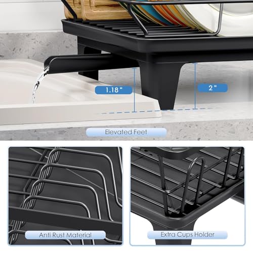 Image of MOROVIK Utensils Drying Rack /Dish Drying Rack with Drainer Tray /Anti Rust, Smart Drainage System Drainboard with Detachable Cutlery Holder /Kitchen Vessels Organizer & Water Utensils Basket (Black)