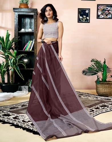 Image of SIRIL Women's Printed Chanderi Cotton One Minute Ready to Wear Saree with Unstitched Blouse Piece