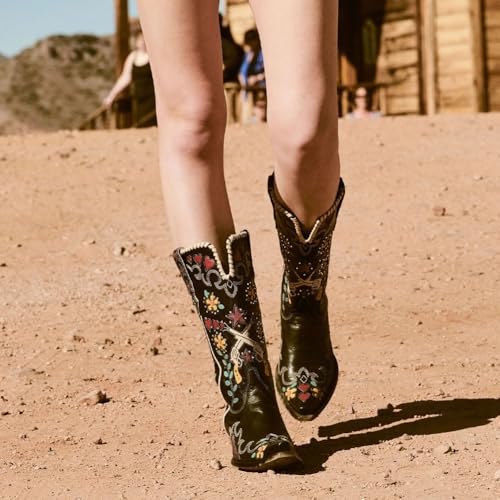 Women's Swallow Floral Embroidered Cowgirl Boots - Chunky Low Heels - Handmade Rivets - Western Cowboy Knee High Boots - Pull On - Blue, Black, Green - Patchwork - Wide Calf2