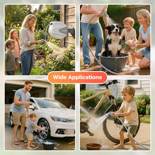 Image of Ayleid Retractable Rubber Hybrid Garden Hose Reel, 1 /2 inchx130ft Wall Mount | Anti-freeze, kink-free premium rubber hybrid hose, 24-month warranty, 9-pattern sprayer, any-length lock, slow auto-return.