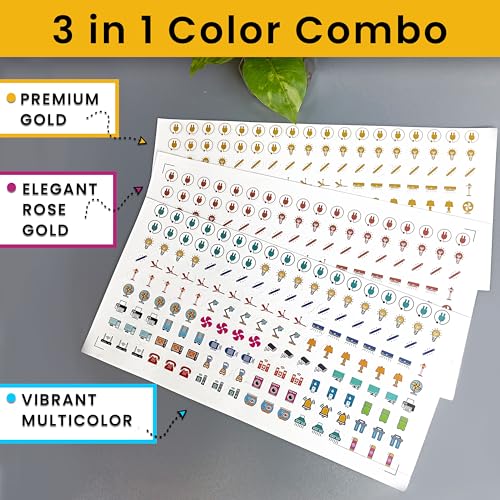 Image of SOLOBOLO Vinyl 500+ Switch Board Button Self Adhesive Stickers For Plastic Surface for Home,30+ Icons for Fan Light Fridge AC,3 in 1 Gold,Rose Gold & Colourful Labels for Switchboard,15 cm