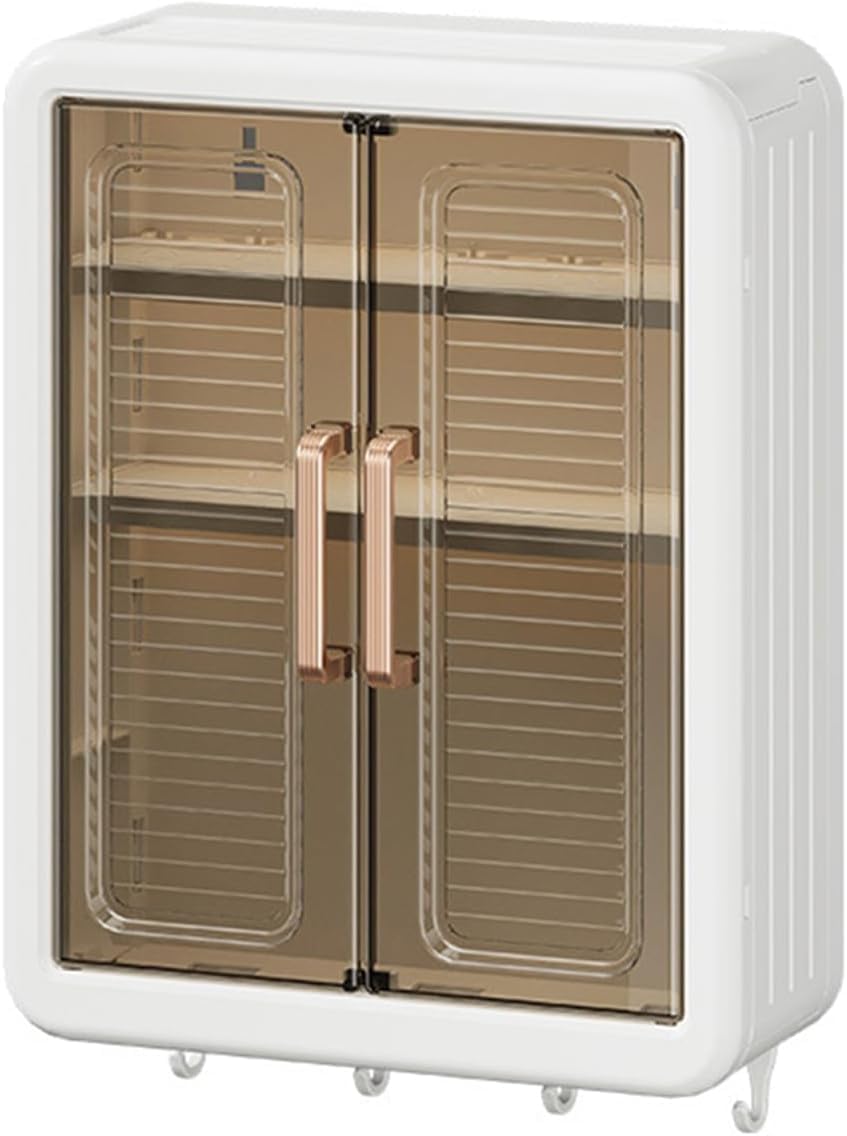 Dhruman Wall Mounted Bathroom Cabinet Organizer with Doors | No Drill Adhesive Hanging Storage Rack with Shelves & Hooks | Waterproof Plastic Bathroom Shelf for Shampoo, Skincare, Towels & Razor 4