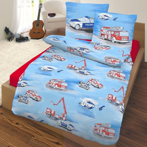 termana Kinder Bettwäsche · Kinderbettwäsche · Feuerwehr Fahrzeuge & Polizei Autos - Kissenbezug 80x80 + Bettbezug 135x200 cm - 100% Baumwolle (Renforce) Wendebettwäsche für Jungs und Mädchen