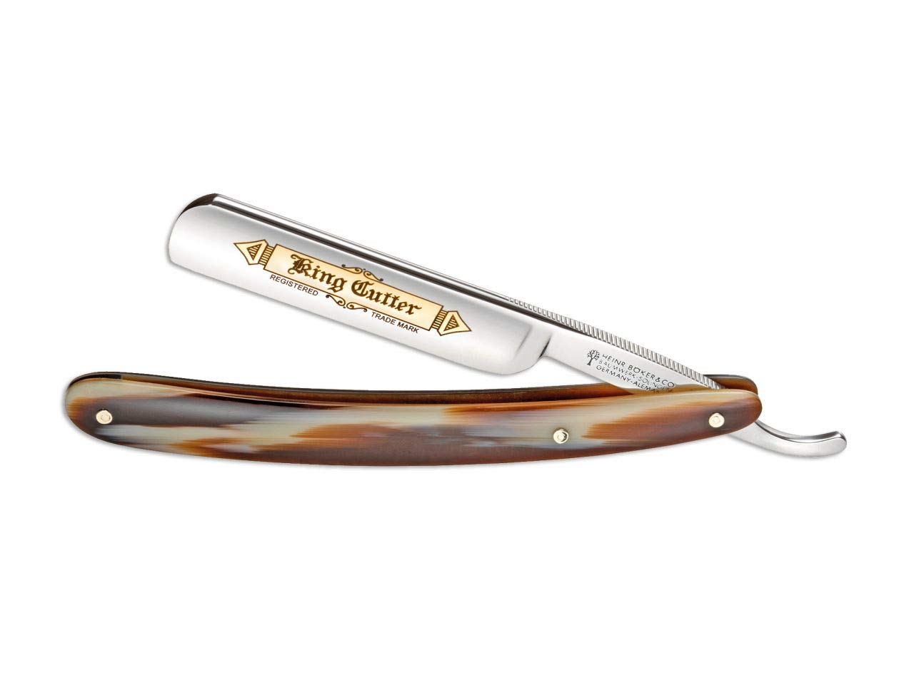 Navaja afeitar barbero alemana BÖKER ORIGINAL KING CUTTER 5/8" con hoja de acero carbono de 7,5 cm y cuerno de 16 cm. Fabricada artesanalmente en Sollingen 140721 profesional afeitado barba