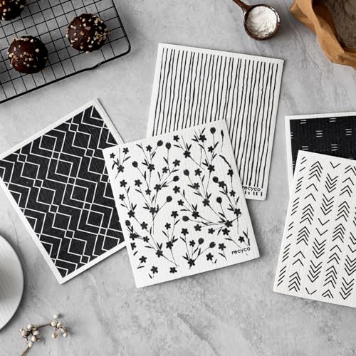 RECYCO Swedish Dishcloths for Kitchen | 5 Pack Geometric Washable Dish Rags | Cellulose Reusable Cleaning Paper Towels | Absorbent Counter Dish Cloth Sponge Kitchen Wipes, 8