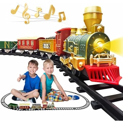 Train Set - Christmas Train Toys, Battery-Powered Locomotive Engine with Sound and Lights, Cargo Cars & 10 Tracks, Toy Train Sets for Boys Age 3 4 5 6 Cover