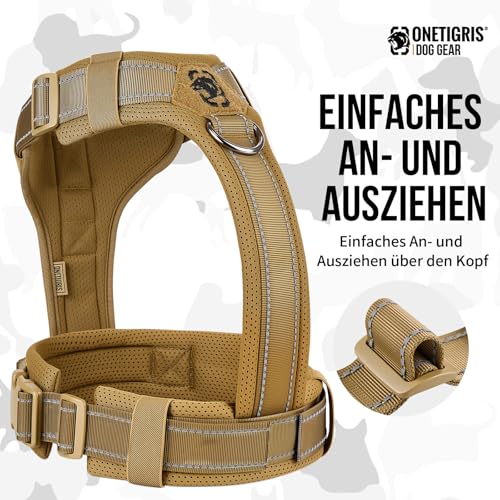OneTigris Hundegeschirr, Diesel Einstellbar Taktisches Geschirr Weich Gepolstert Brustgeschirr für mittelgroße und große Hunde mit Reflektierend, 1 Griff, 3 D-Ringe (Braun, M)
