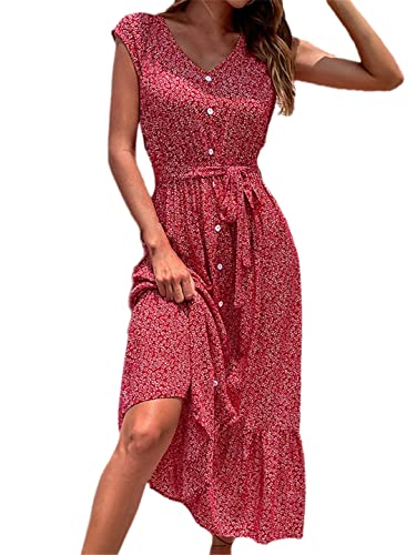 Robe d'été motif floral rouge taille M vêtement femme avec col V