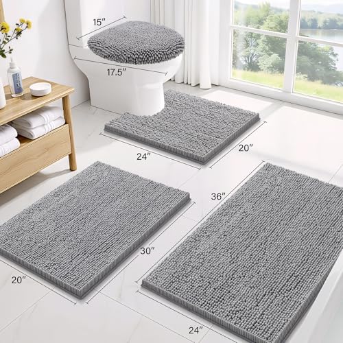 Image of Smiry Bathroom Rugs Sets 3 Piece, Soft Absorbent Chenille Bath Mat and U-Shaped Contour Toilet Rug, Machine Wash Dry Bath Mat Sets for Bathroom Tub and Floor (47 inchx20 inch+24 inchx16 inch+24 inchx20 inch, Grey)