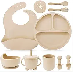 Kit Introdução Alimentar Bebê 8 Peças Prato + Bowl Babador Copo + Tampa com Canudo + 2 Talheres + 2 Talheres Ponta Silicone Cabo de Madeira 100% Silicone Antitóxico Premium (Bege)