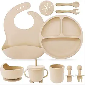 Kit Introdução Alimentar Bebê 8 Peças Prato + Bowl Babador Copo + Tampa com Canudo + 2 Talheres + 2 Talheres Ponta Silicone Cabo de Madeira 100% Silicone Antitóxico Premium (Bege)