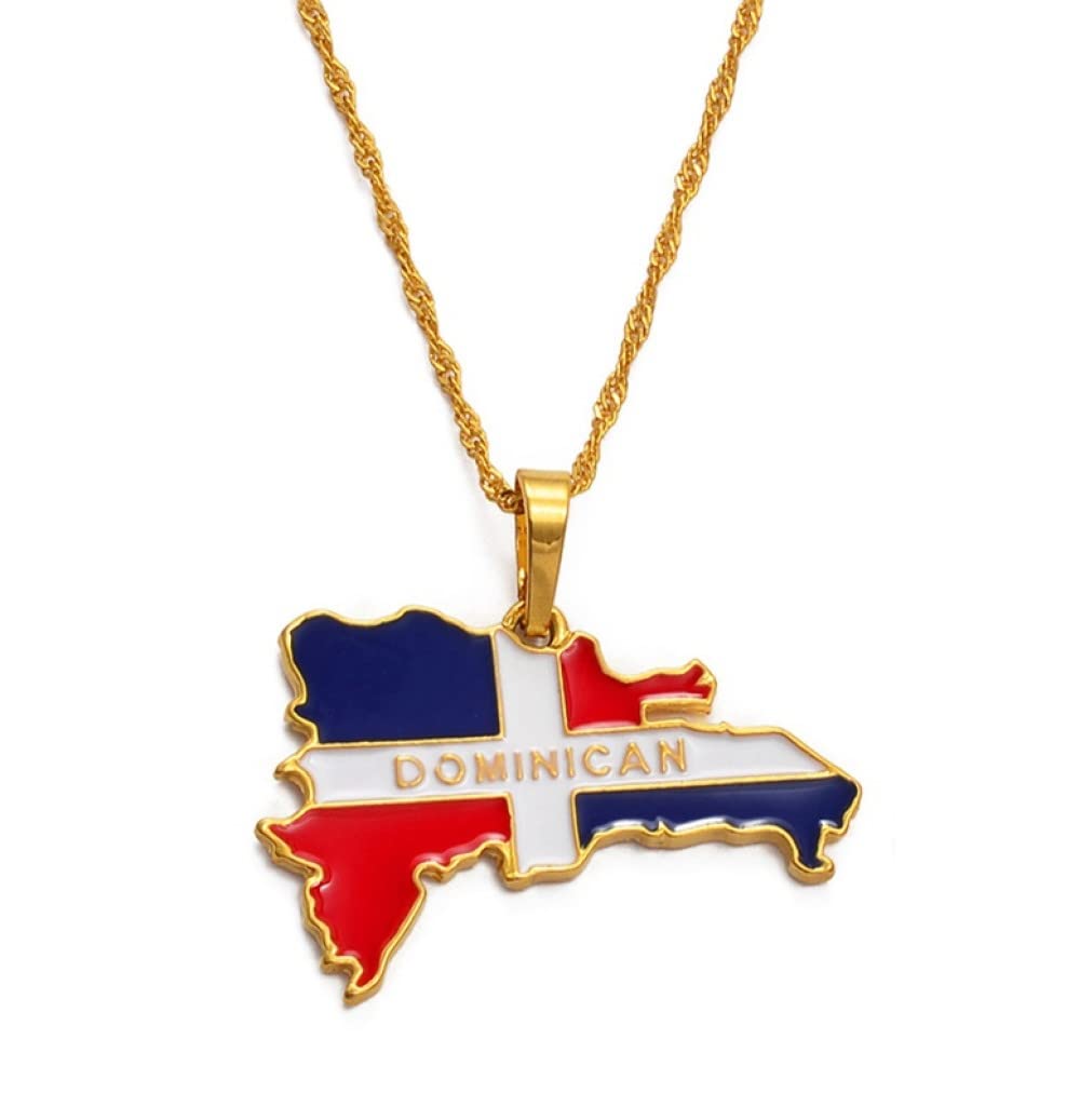 Collana Con Ciondolo Mappa Dominicana - Oro E Argento, Per Uomo E Donna, Gioiello Etnico, Catena 45/60 Cm