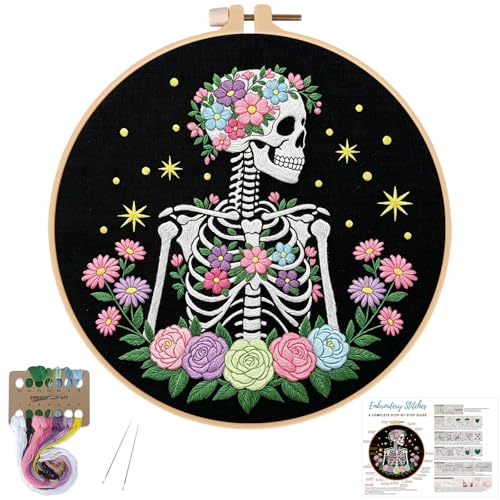 Image of Louise Maelys Halloween Skeleton Floral DIY Embroidery Kit for Beginners | Needlepoint Kit Includes Hoop, Fabric, Threads, Needles and Instructions. Skeleton Floral Rose Design for Cross Stitch Kits