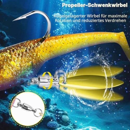 Gummifische Angelköder, 6 Stück Weiche Kunstköder für Forelle Zander & Barsch, Gummiköder Angelausrüstung Mit Spinnerblatt, Jigs Head, Angelsets Paddelschwanz Angel-Jigs für Süß und Salzwasser – Bild 4