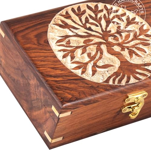 Image of Rosewood Handmade Wooden Urn Tree of Life Engraving Handcarved Jewellery Box for Women-Men Jewel | Home Decor Accents | Decorative Boxes | Storage & Organiser (7 inch x 5.5 inch x 3.5 inch, Tree - 2 White)