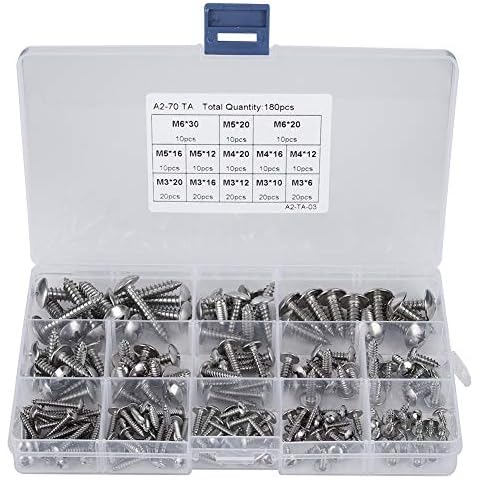 180 Stück M3 M4 M5 M6 Edelstahl Flachkopf Blechschrauben Sortiment Set mit Aufbewahrungsbox Cover