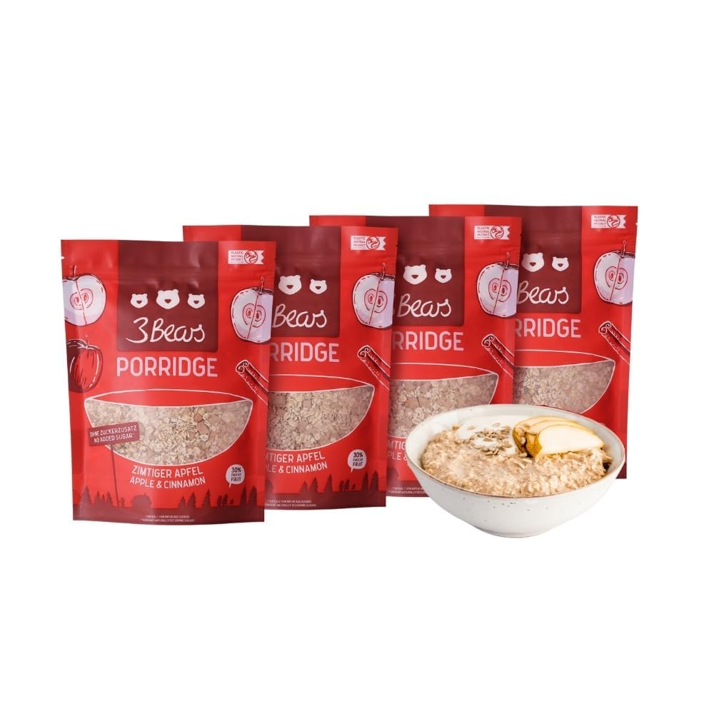 Porridge d'avoine | 3Bears Porridge | Pomme Cannelle - 4 x 400g - Avec de vrais morceaux de fruits | Porridge , Céréales, Oatmeal, Petit Déjeuner Healthy, Sans Sucres Ajoutés, Instantané