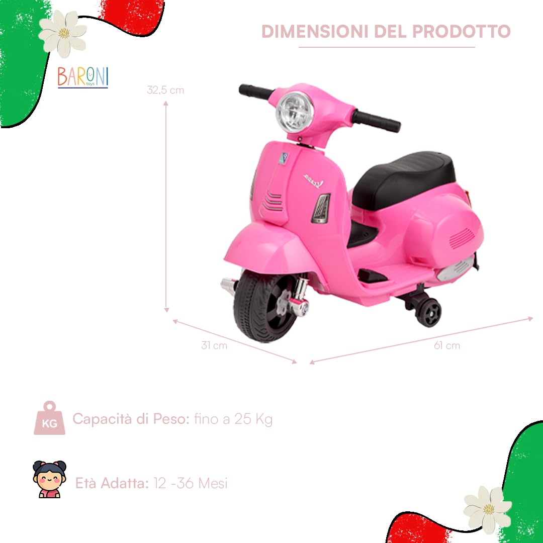 Baroni Toys Vespa Elettrica per Bambini Licenza Ufficiale, Moto Ride-On con Rotelle, Manubrio Sterzante, Fari e Clacson, Motore 6V, Velocità 3 km/h, da Interno ed Esterno, 61x31x32,5 cm, Rosa