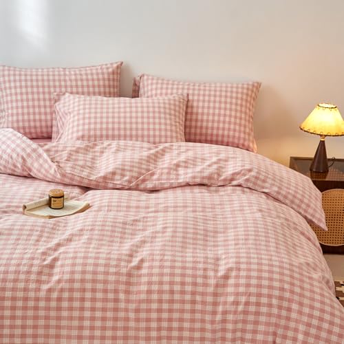 Image of EAVD Vintage Style Gingham Plaid Duvet Cover Full Pink White Soft 100% Washed Cotton Chic Warm Checkered Bedding Set with 2 Pillowcases Farmhouse Grid Gingham Duvet Cover with Zipper Closure