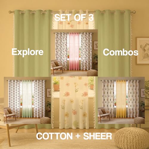 Image of Urban Space Printed 100% Cotton Curtain for Window, Cotton & Sheer Combo Set of 3 Curtains 5 Feet Long, Tieback & Eyelets Included with Curtains for Room Darkening (Mehek Sheer & Aura sage Green)
