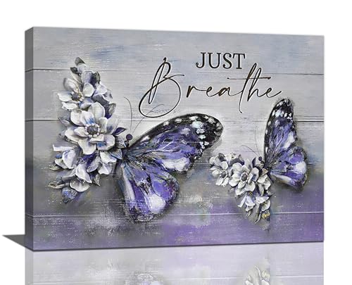 Farmhouse Purple Butterfly Flower Decor Wall Art Vintage Rustic Country Butterfly Just Breathe Pictures Wall Decor Canvas Painting Prints Artwork Home Decorations Framed for Bathroom Bedroom 16"x12"