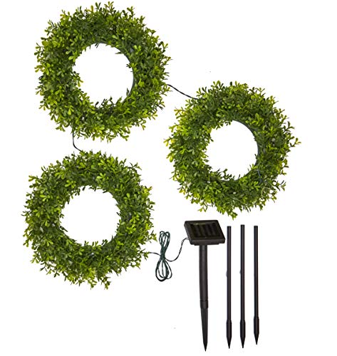 Outdoor Solar Lighted Faux Wreath Trio with Garden Power Stake Unit