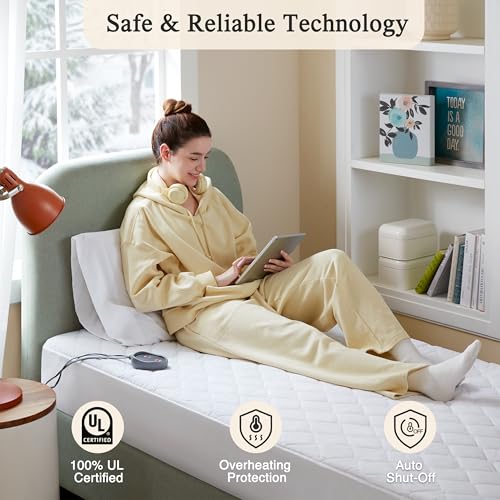 Beautyrest Cotton Blend Heated Mattress Pad Secure Comfort Technology - Luxury Quilted Electric Mattress Pad with Deep Pocket - 5-Setting Heat Controllers, Twin XL , White