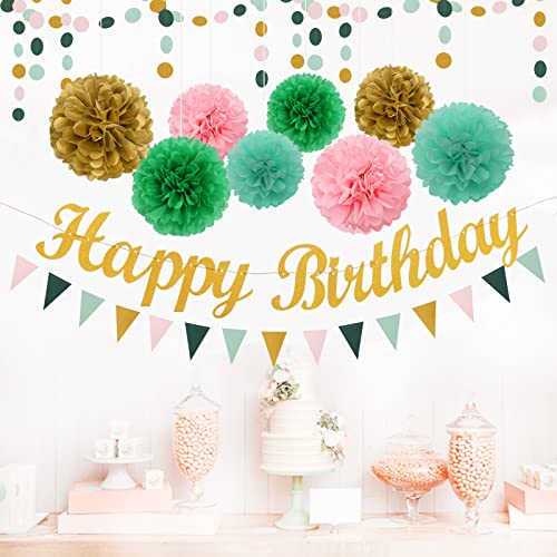 Image of Sage-Green Pink Mint Gold Birthday Decorations - 31pcs Party Kits Happy Birthday Banner Flags,Tissue Paper Pom Poms,Circle Dots Garland,Tassel Streamers,40th 50th Women Men Birthday Decor Panduola
