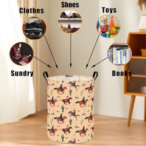 Image of Round Laundry Basket Collapsible Storage Organizer Cactus Cowboy | Waterproof Canvas Foldable Baskets with sturdy Handles Multi-scene Organizer for Home Play Bedroom Gift Bin