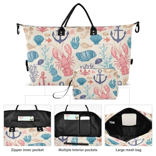Cartoon Lobster Coral Boat Anchor Seashell Large Travel Duffle Bag Weekender Overnight Bags Gym Yoga Bag for Women Men with Toiletry Bag2