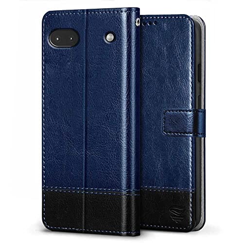 Image of FLIPPED Vegan Leather Flip Case Back Cover for Google Pixel 6A (Flexible, Shock Proof | Hand Stitched Leather Finish | Card Pockets Wallet & Stand | Blue with Black)