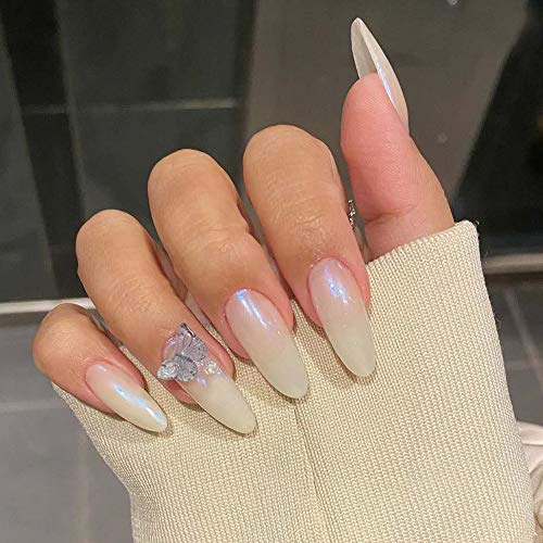 BABALAL Stiletto Fake Nails Mirror Effect Chrome Nail Butterfly Design Press on Artificial Nail Full Cover False Nails for Women and Girls (24PCS)