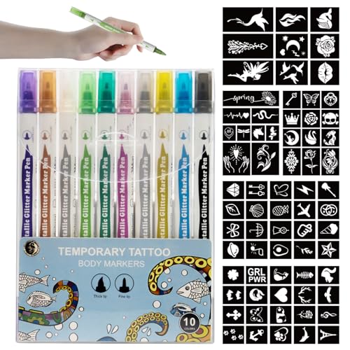Wormhole Tattoo 10PCS Temporary Tattoo Markers Skin-Friendly, Dual-End, Tattoo Stencils for Body and Face, Easy to Use Art Markers Kit for Creative Kids and Adults - Vibrant/Multicolor/Assorted Inks