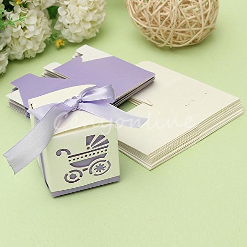 10 pcs Laser Cut Carriage Candy Christening Boxes Favour Baby Shower - CR8 Comercio - (Choose Colour: Blue Dark Blue Pink Purple or Green) (Purple)