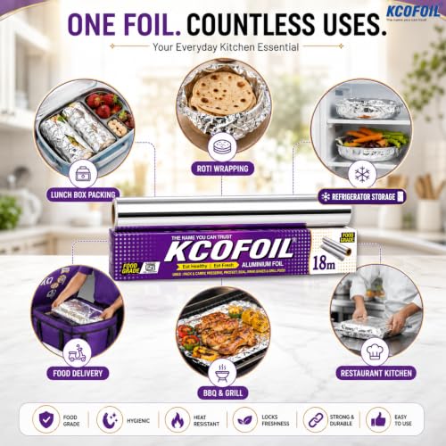 Image of Aluminium Foil 18 Meters Deliwrap 11Micron Food Wrapping,Packing, Grilling,Storing and Serving (Pack of 3)