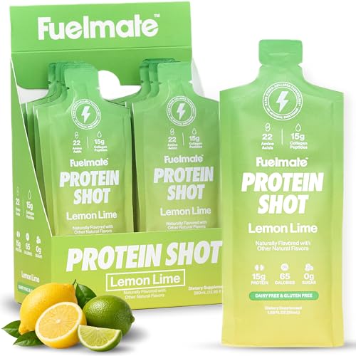 FUELMATE Lemon Lime Liquid Collagen Easy Protein Shots - 15g Protein + 22 Amino Acids - Hydrolyzed Bovine Collagen Peptides for Recovery Skin Hair & Joints - 10 x 1.29oz - Sugar Dairy & Gluten Free